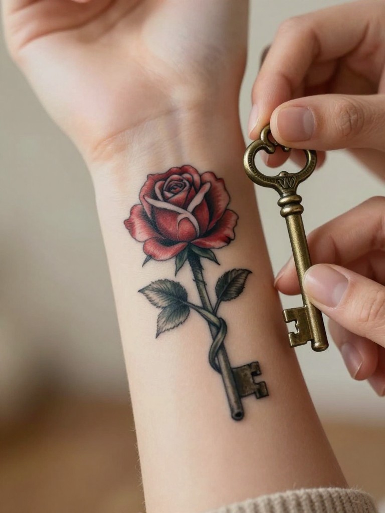 Close-up of a rose tattoo with an antique key woven into its stem on a woman's inner wrist. The hand holds a real antique key. Warm, soft focus background. Romantic and sentimental.