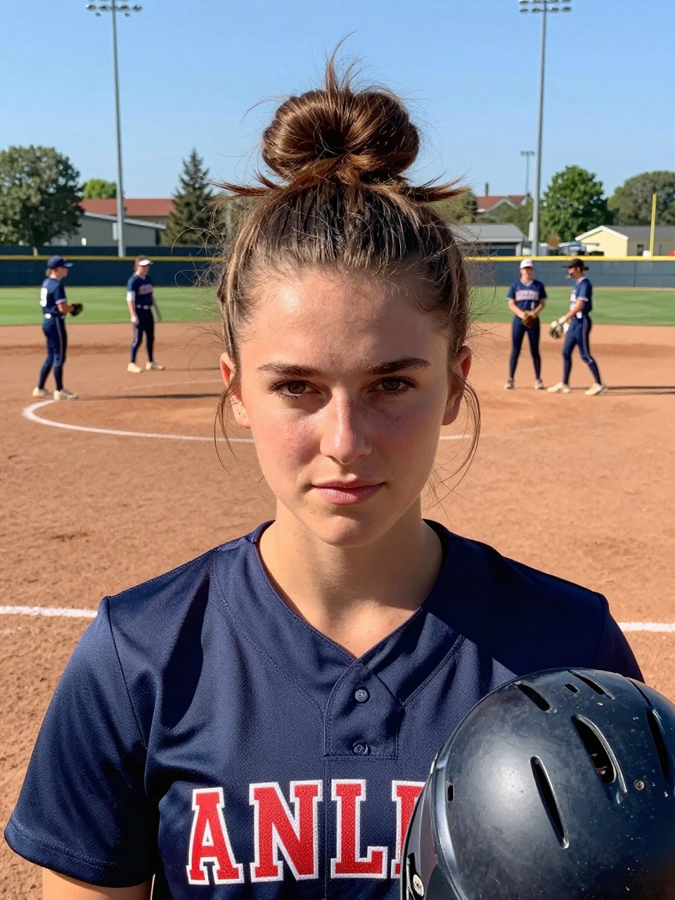 Photo of a american girl wearing a high messy bun on a softball field, front view showing the bun height and face-framing pieces, in bright sunlight with teammates warming up in the background, containing a helmet under her arm, iPhone photo quality.