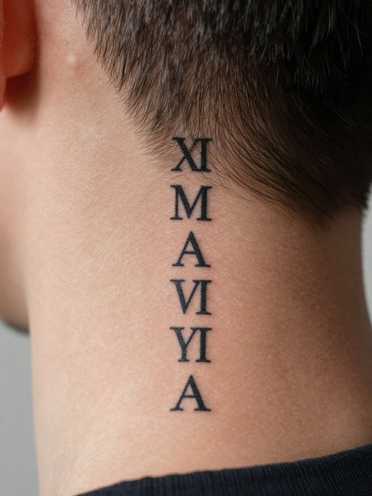  "Extreme macro shot of Roman numeral tattoo in a classic serif font, following the natural curve just below the hairline. The neck is straight, showing the numbers in perfect alignment on the spine."