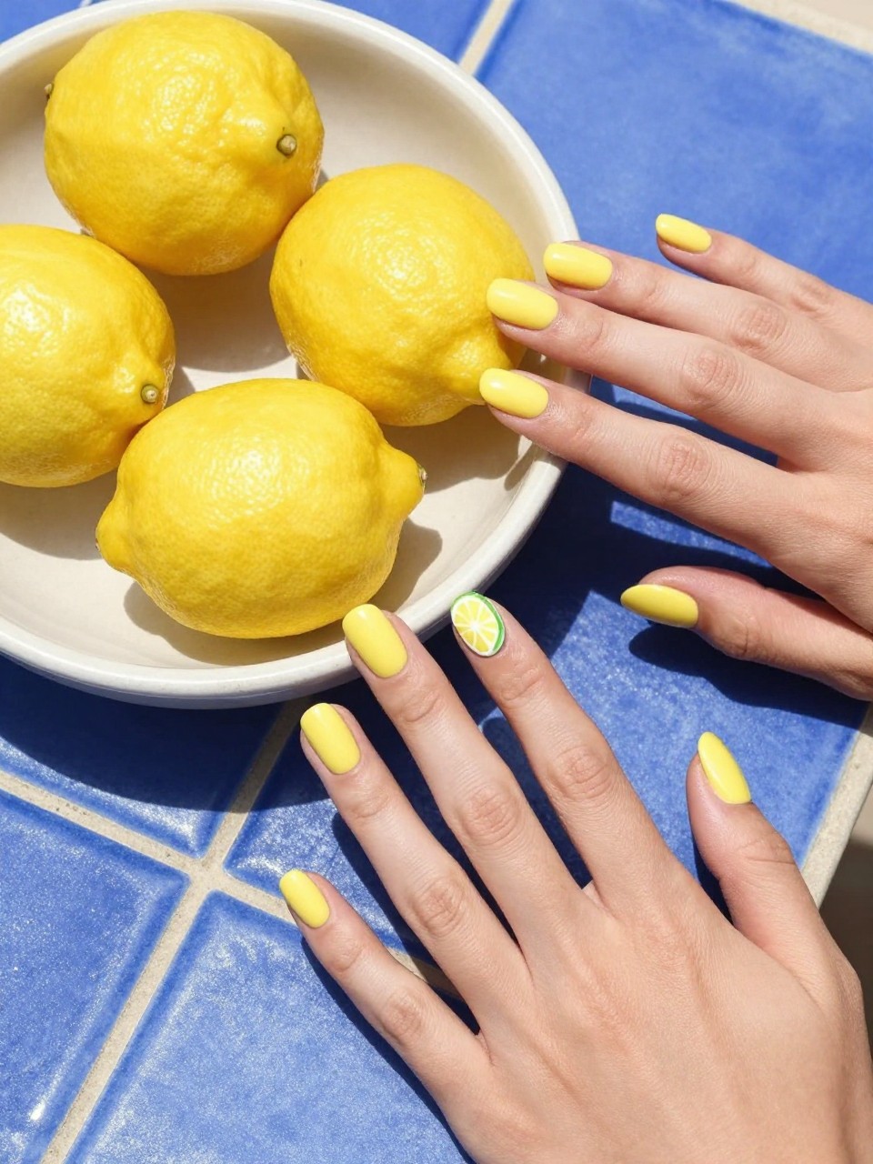 Top-down view of hands next to a ceramic bowl of bright yellow lemons on a blue-tiled table. The oval nails are a glossy lemon yellow. The ring fingers feature a simple white and green lemon slice illustration. The colors pop under the Mediterranean sun.