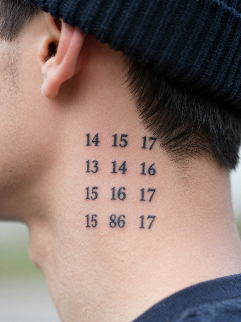 Extreme close-up of a coordinates tattoo on the side of the neck. The numbers in a clean, typewriter-style font are the crisp focal point. He has a beanie on. Soft, diffused daylight that makes the fine lines easy to read.