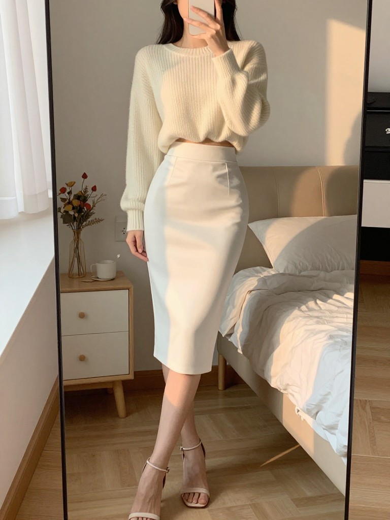iPhone mirror selfie of a woman in a cropped cream sweater and high-waisted white pencil skirt with heeled sandals, standing with one leg slightly forward, in a feminine-themed bedroom, evening golden hour, iPhone photo quality.