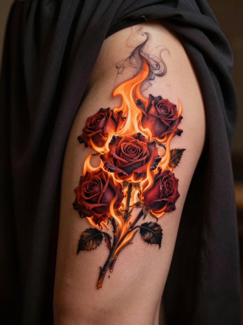 Macro shot of burning flowers tattoo on the thigh. Dark roses with realistic orange and red flames consuming the petals, with wispy black smoke rising. She's wearing a dark flowing skirt. Warm, fire-inspired dramatic lighting, passionate and intense vibe.