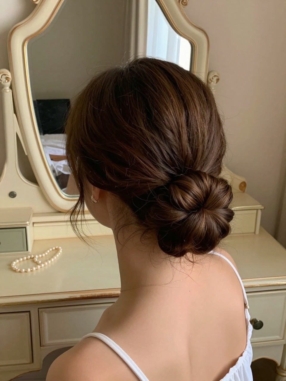 Photo of teen biracial girl wearing a romantic low chignon, back-of-head view focusing on the smooth bun, setting: a bedroom with a vintage vanity and mirror, lighting: warm, dim atmospheric lighting, containing a string of pearls lying on the vanity, iPhone photo quality.