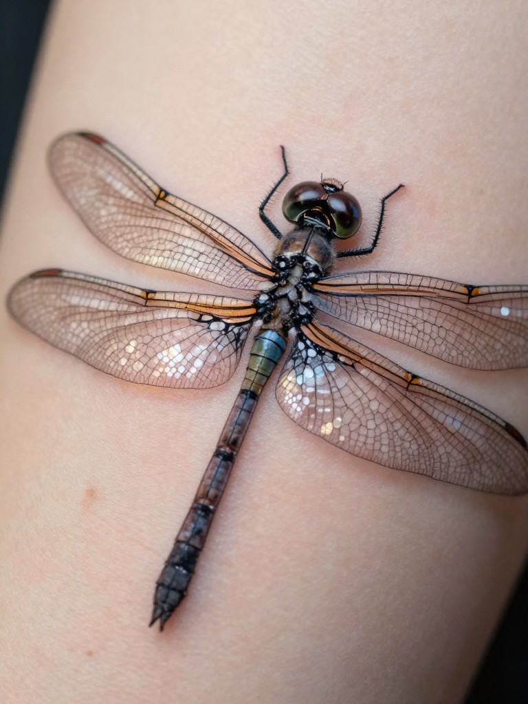 "Macro detail shot of a micro dragonfly tattoo, focusing on the intricate, veined wings. The body is aligned with the spine, captured with lighting that gives the wings a subtle, ethereal glow."