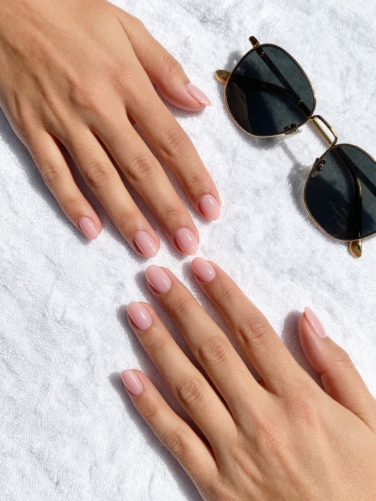 Overhead, top-down view of feminine hands with short, oval nails resting on a fluffy white pool towel. The pink nails are a translucent, glossy ballet pink. A pair of gold sunglasses sits nearby. The sunlight is bright, making the gloss shine.