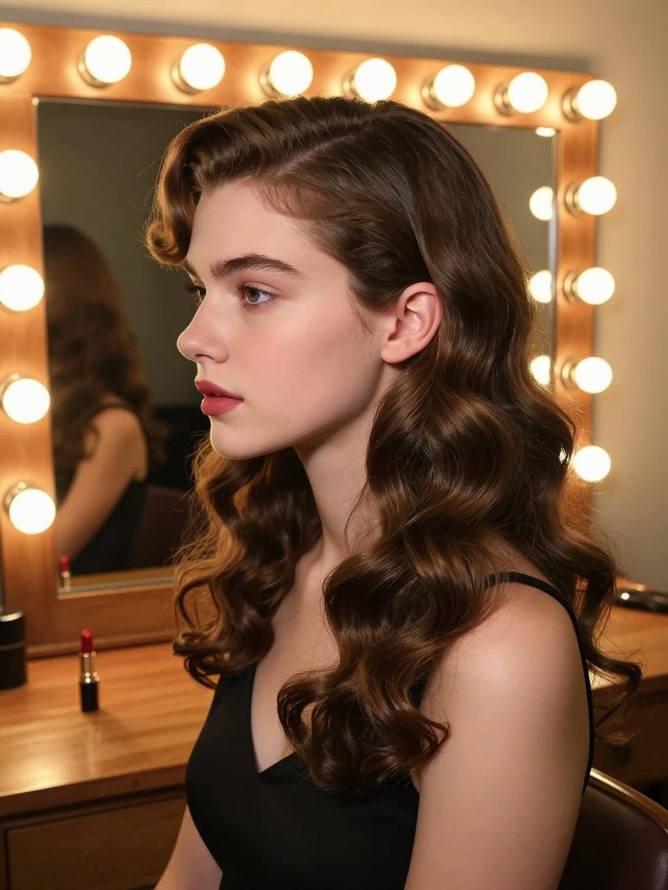 Photo of a natural looking  white TEEN GIRL wearing a deep side part with Old Hollywood waves, side profile view showing the wave pattern, setting: a room with a vintage vanity and Hollywood-style light bulbs, lighting: warm, dim, atmospheric lighting, containing a tube of red lipstick sitting on the vanity, iPhone photo quality.