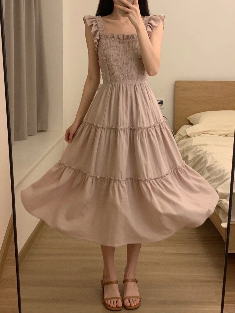 iPhone mirror selfie of a woman in a tiered ruffle dress and minimalist sandals, spinning slightly to show the skirt movement, cropped at the neck so face doesn't show, in a feminine-themed bedroom, warm moody lighting, iPhone photo quality.