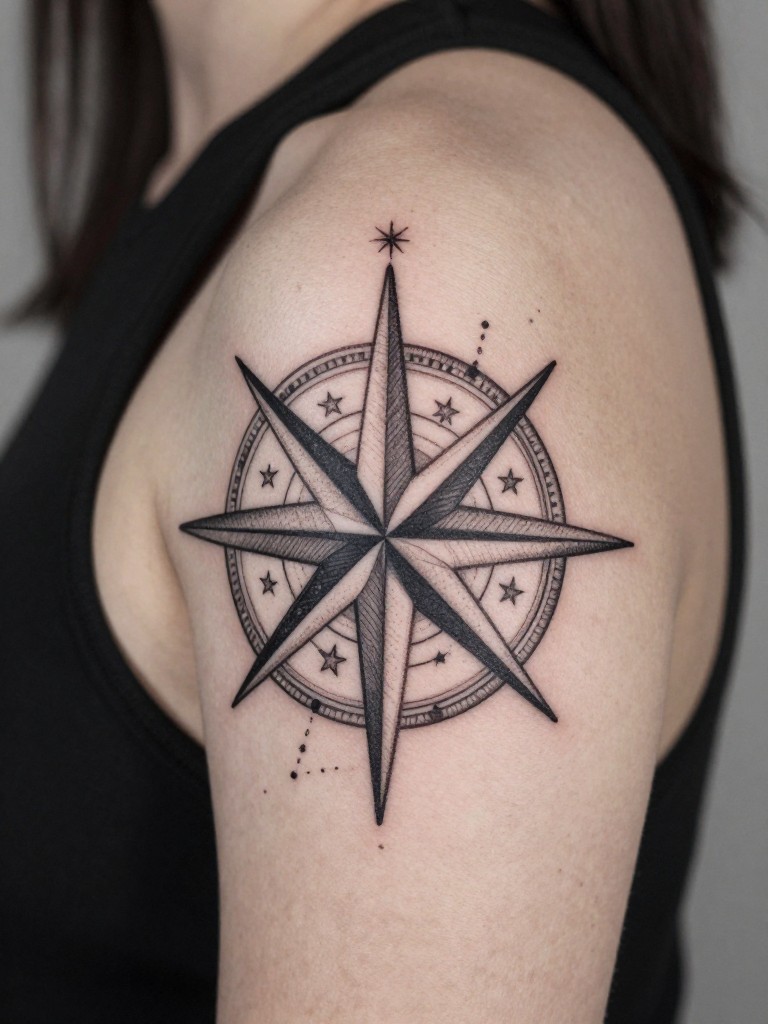 "Close-up tattoo detail of the compass rose with a star chart spreading from it, showing tiny constellation dots and connecting lines over the shoulder blade. The design mixes ornate engraving style with delicate dot-work."