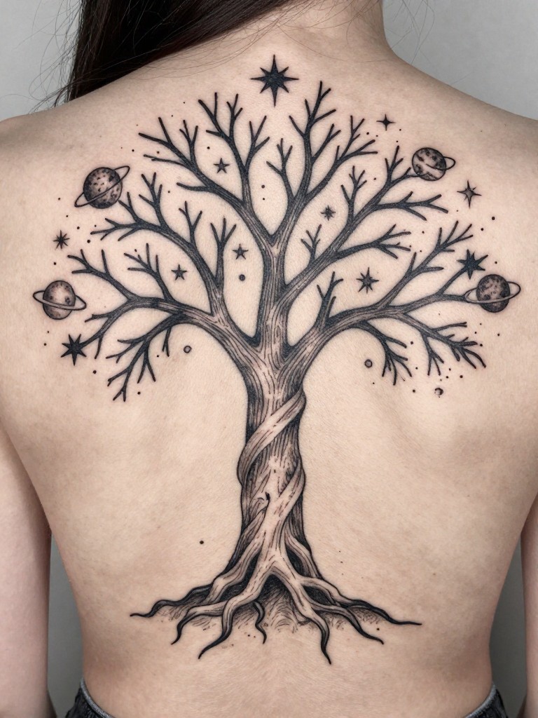 "Detail shot where the trunk of the cosmic tree tattoo transitions into star-filled branches on the upper back. Dot-work stars and fine line planets are scattered among the branching veins."