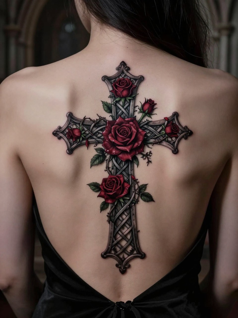 Close-up of a gothic cross with roses tattoo on the upper back. The cross has intricate knotwork, covered in climbing dark red roses and green thorny vines. She's wearing a black top with an open back. Dramatic, cathedral-like lighting, reverent and dark aesthetic.
