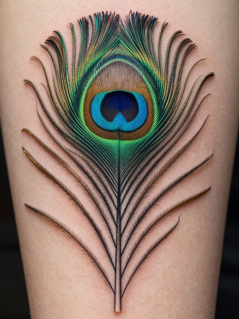 "Extreme macro of a single peacock feather tattoo, showcasing the intricate, jewel-like layers of color (deep blues, greens, gold). The detail is photographic, centered on a feather's shaft."