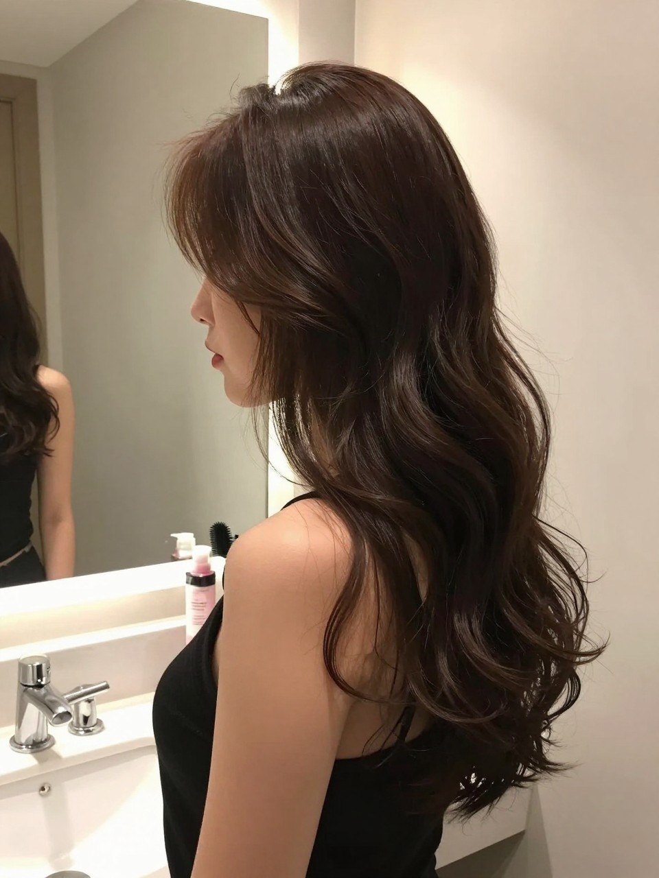 Photo of a woman wearing a sleek front with waves style, side profile view showing the contrast between smooth front and wavy back, setting is a bathroom vanity mirror with soft indoor lighting, containing a comb and gel visible on the counter, iPhone photo quality.