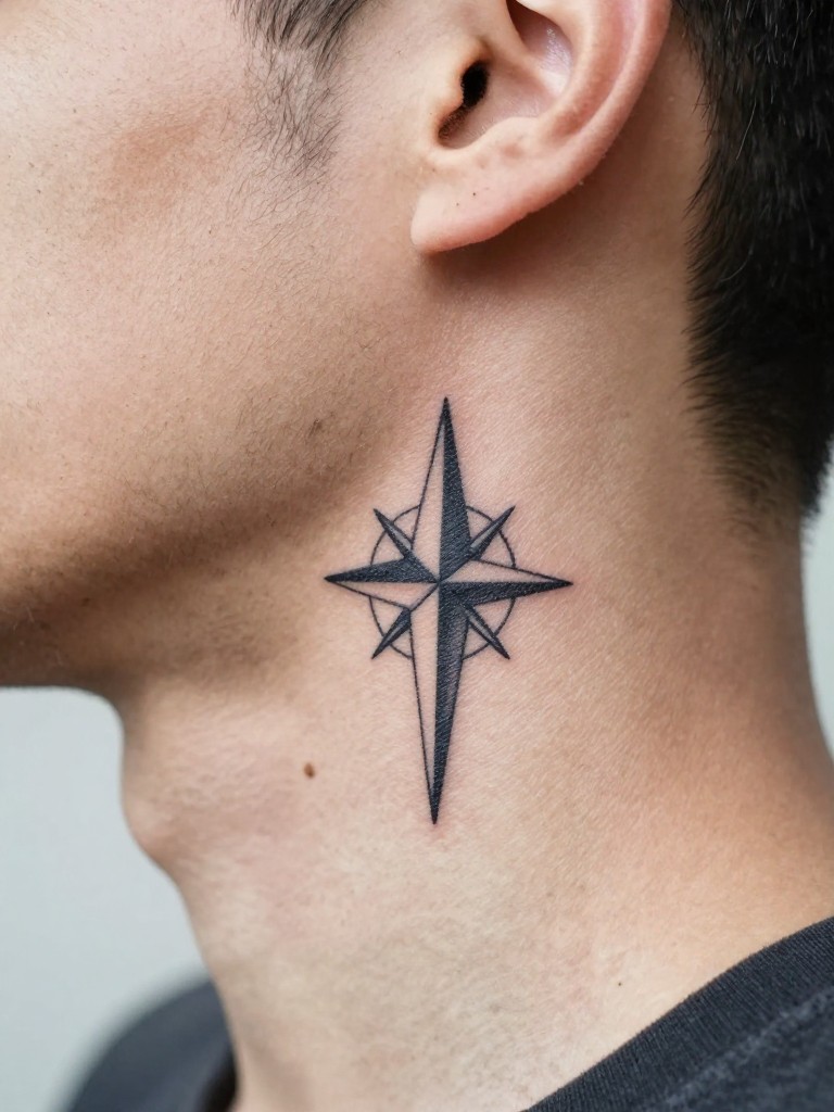 Extreme close-up of a minimalist compass arrow tattoo on the side of the neck, just below the ear. The clean, geometric lines are the hero. He has short stubble. The lighting is bright and even, focusing all attention on the sharpness of the design.