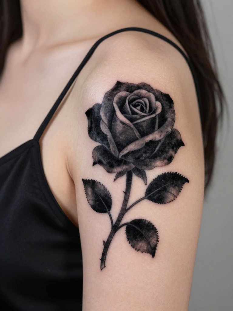 Macro shot of a black velvet style rose tattoo on a woman's shoulder, with soft gradients and no outlines, giving it a fabric-like appearance. She wears a black silk camisole. Soft, romantic studio lighting.