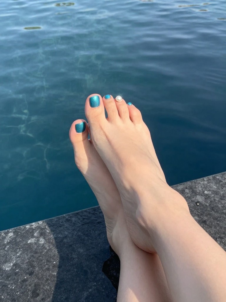 View of feet resting on the edge of a dark-bottomed infinity pool. The toenails are a shimmering deep turquoise. A single pearl sits on each big toe nail. The water reflects onto the feet.