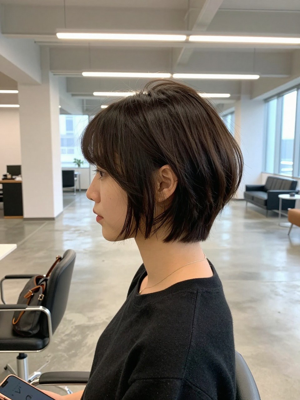 Photo of asymmetrical choppy bob, side profile view, in a modern office lobby with sleek concrete floors, bright overhead fluorescent lighting balanced by window light, containing a laptop bag slung over a chair, iPhone photo quality.