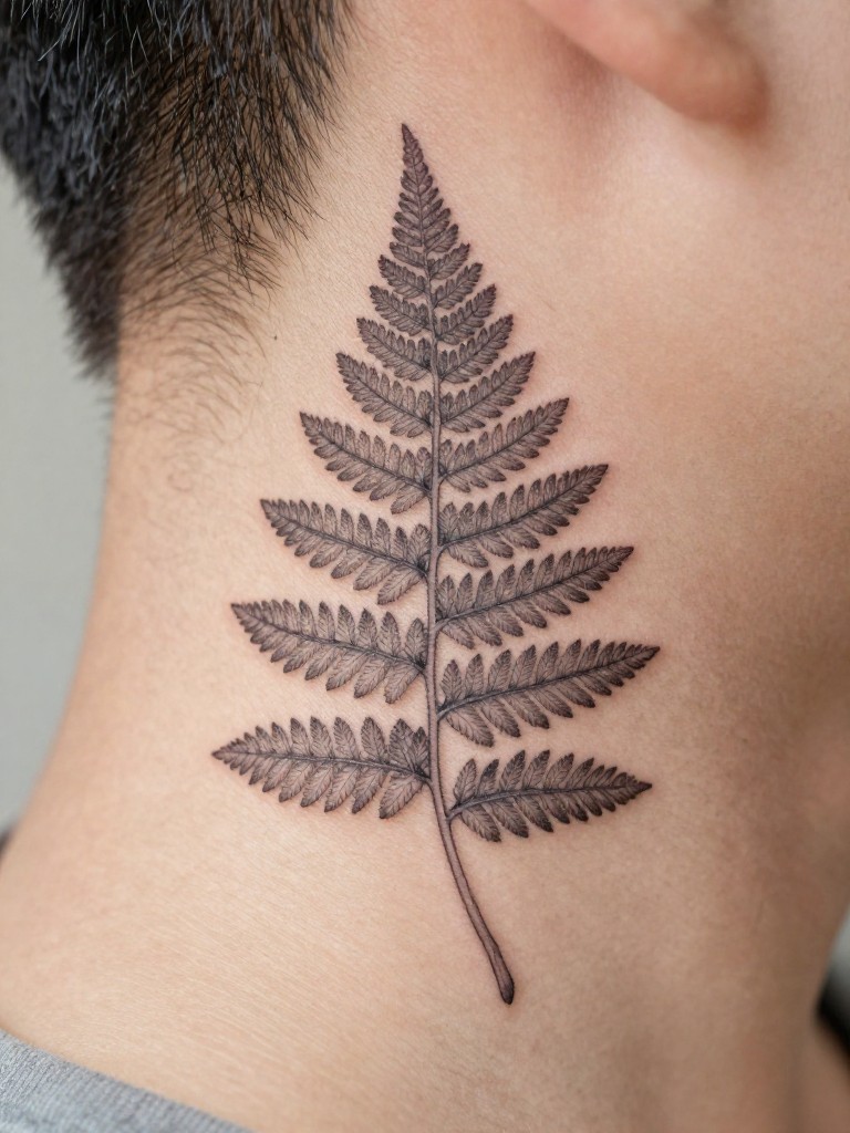 "Macro shot of a fine-line fern tattoo, its frond curving delicately along the neck's hairline. The detail in the tiny leaflets is clear and precise, like a botanical drawing on skin."