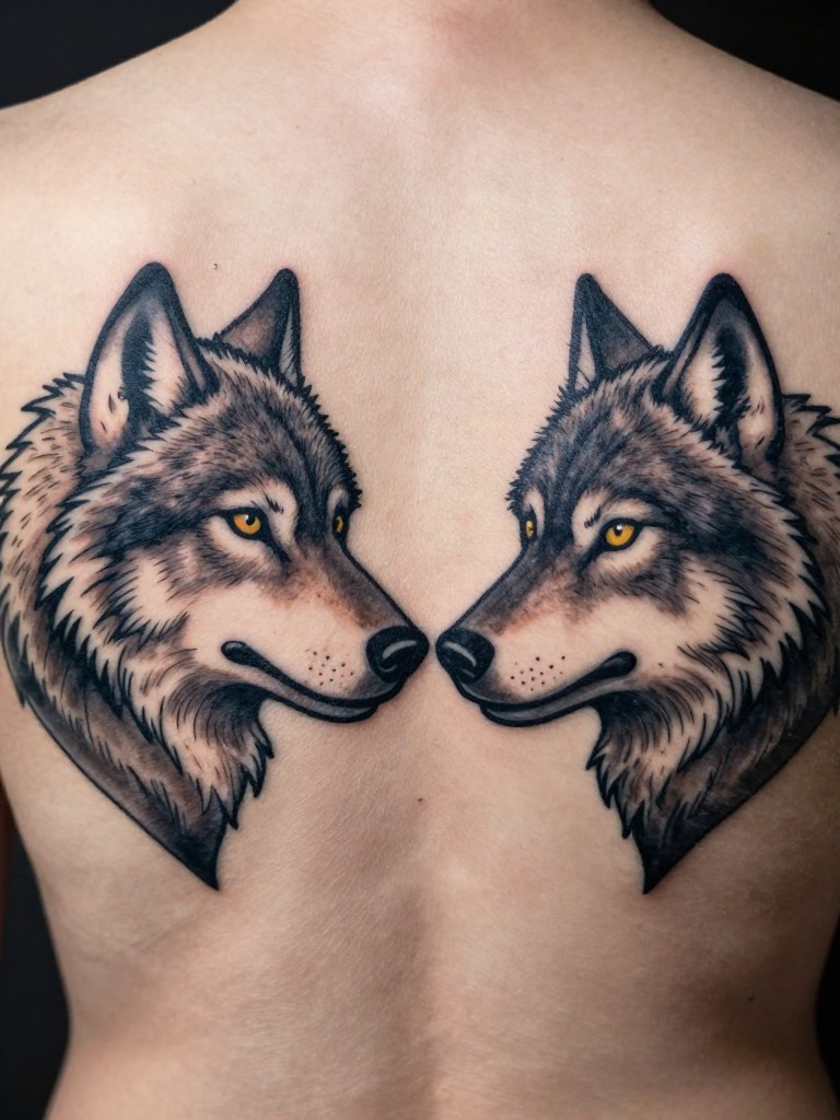 "Macro photograph of two stylized wolf heads tattooed on either side of the spine, their noses almost touching. One is light, one is dark. The skin is bare, with dramatic lighting emphasizing the duality."
