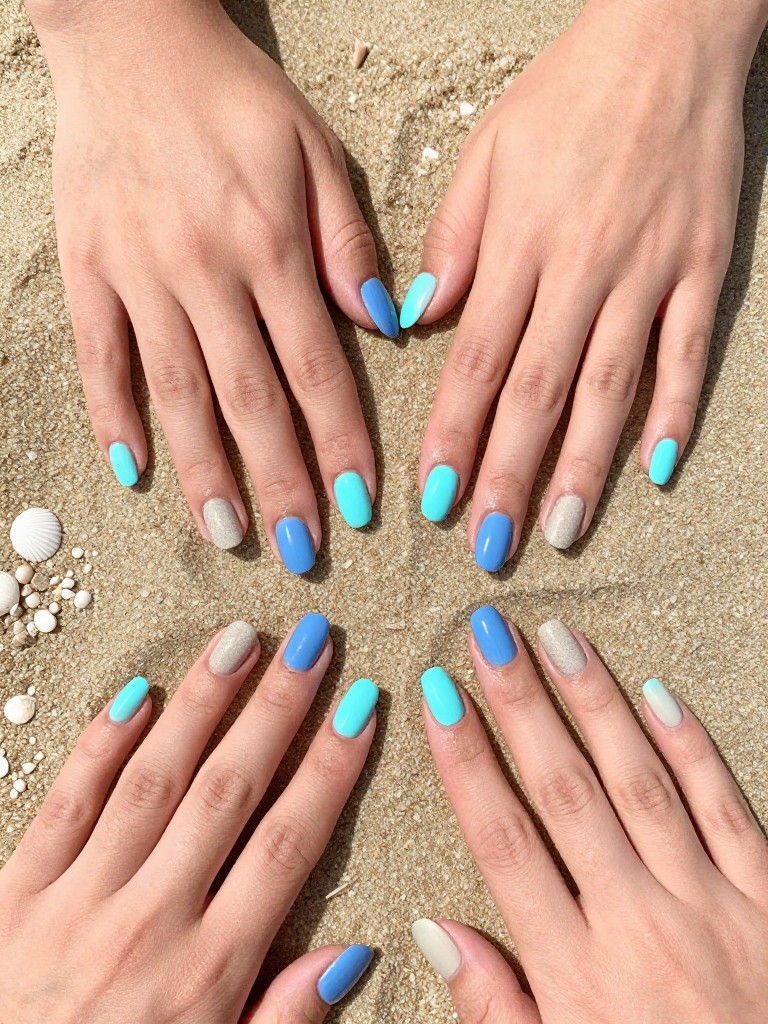  Top-down view of hands splayed in the actual sand on a beach, tiny seashells nearby. The squoval nails feature a blue ombré fading to a pale turquoise. The tips are coated with a matte, sandy-textured beige polish. Bright, natural beach light shows the color transition and texture.