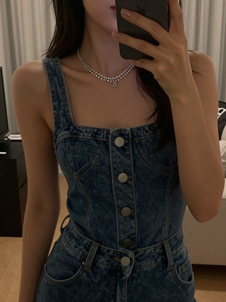 iPhone mirror selfie of a woman in a denim jumpsuit with a sparkling necklace, looking down at the jewelry, cropped at NECK so face doesn't show, in a city apartment, warm moody lighting, iPhone photo quality.