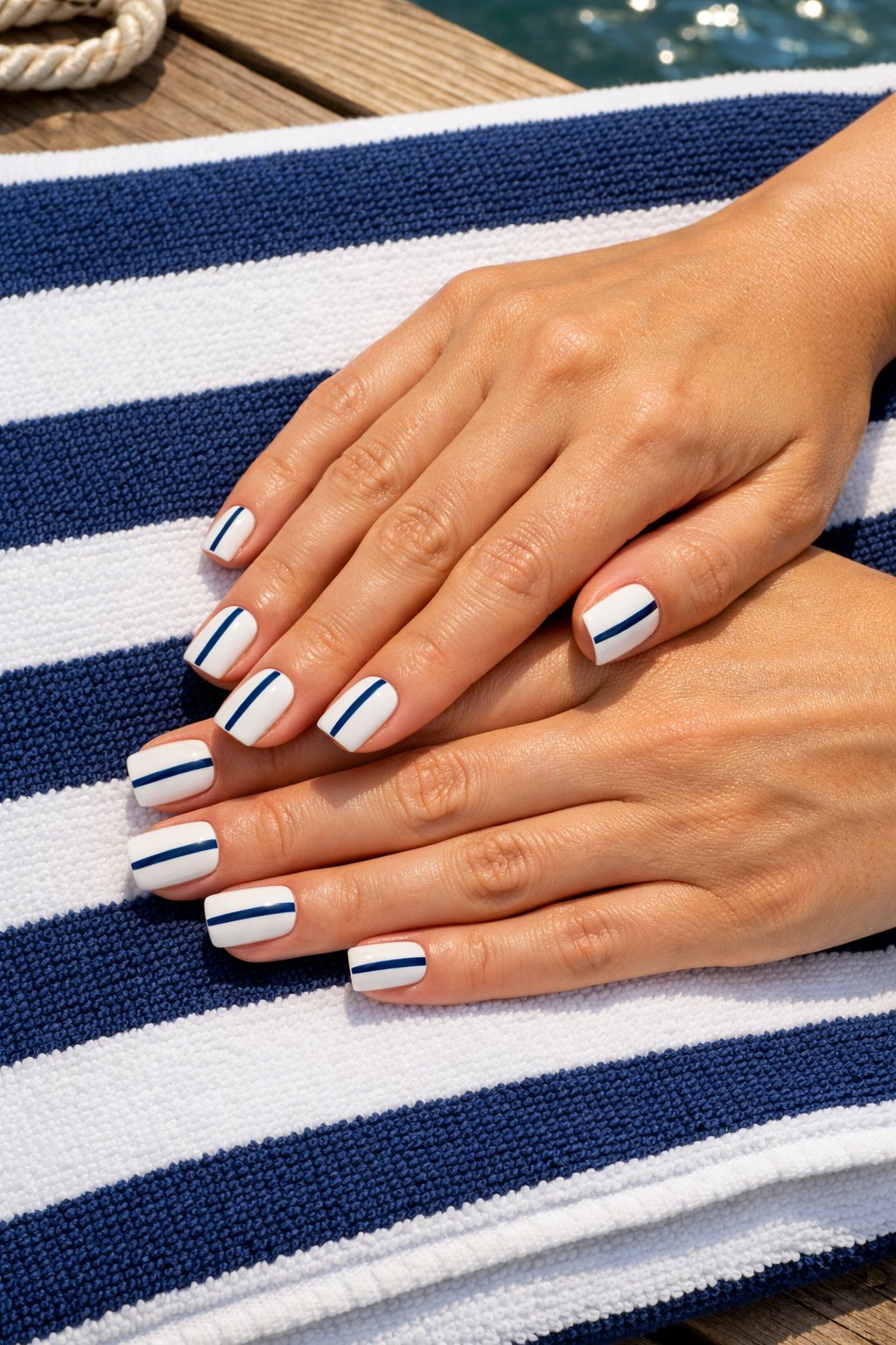 Overhead, top-down view of feminine hands with short, sharp square nails resting on a navy and white striped towel. The nails are glossy white. A precise, vertical navy blue stripe runs down the middle of each nail. The setting is a sunny dock.
