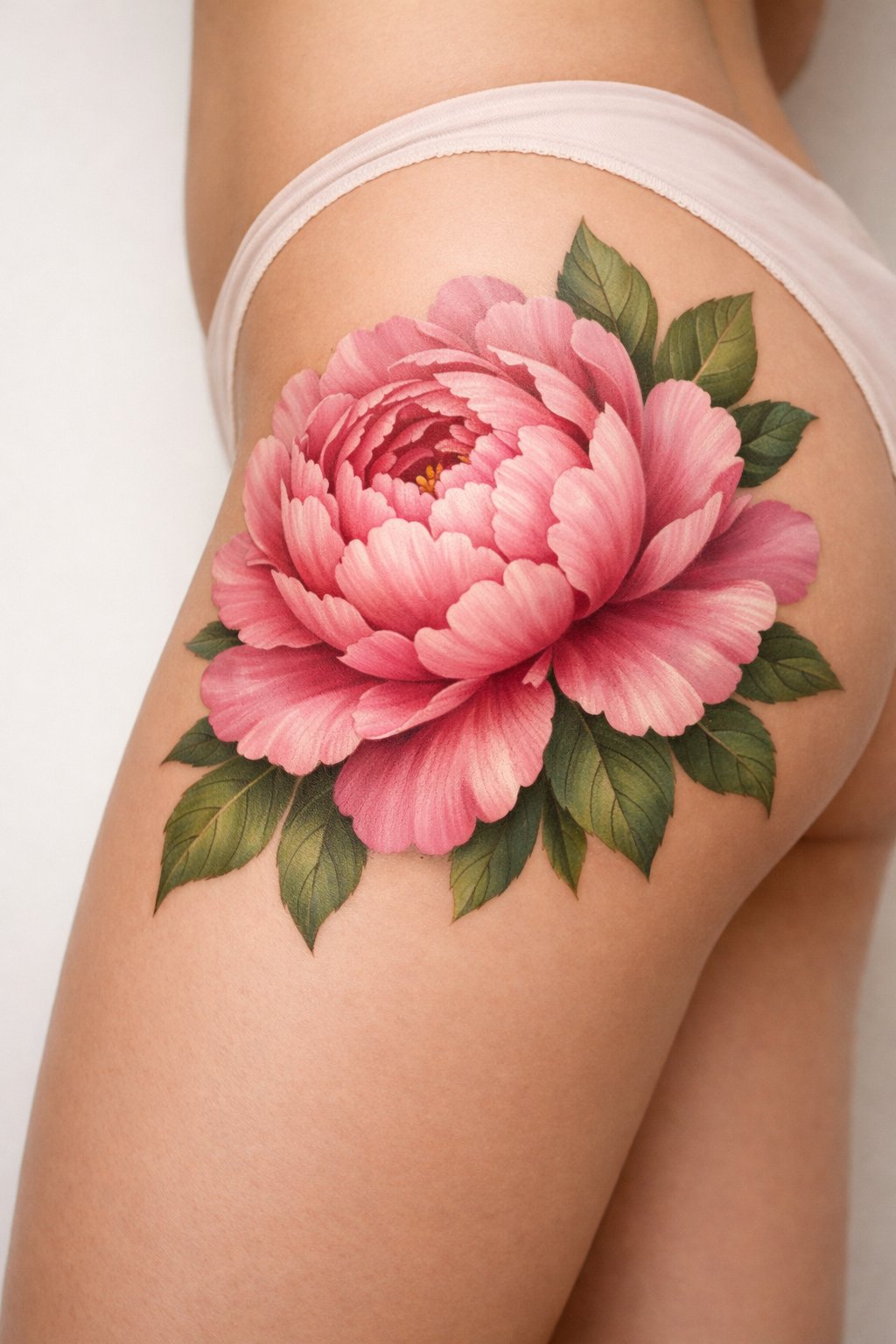 Side thigh focus: a large, softly shaded peony with petals that appear to wrap slightly around the leg. Rich pinks and greens, with a focus on the petals' delicate edges