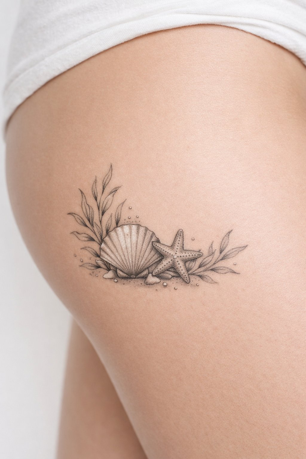 Side thigh, lower placement: a fine-line cluster of seaweed, a scallop shell, and a starfish. Soft grey shading gives it a washed-up, natural look
