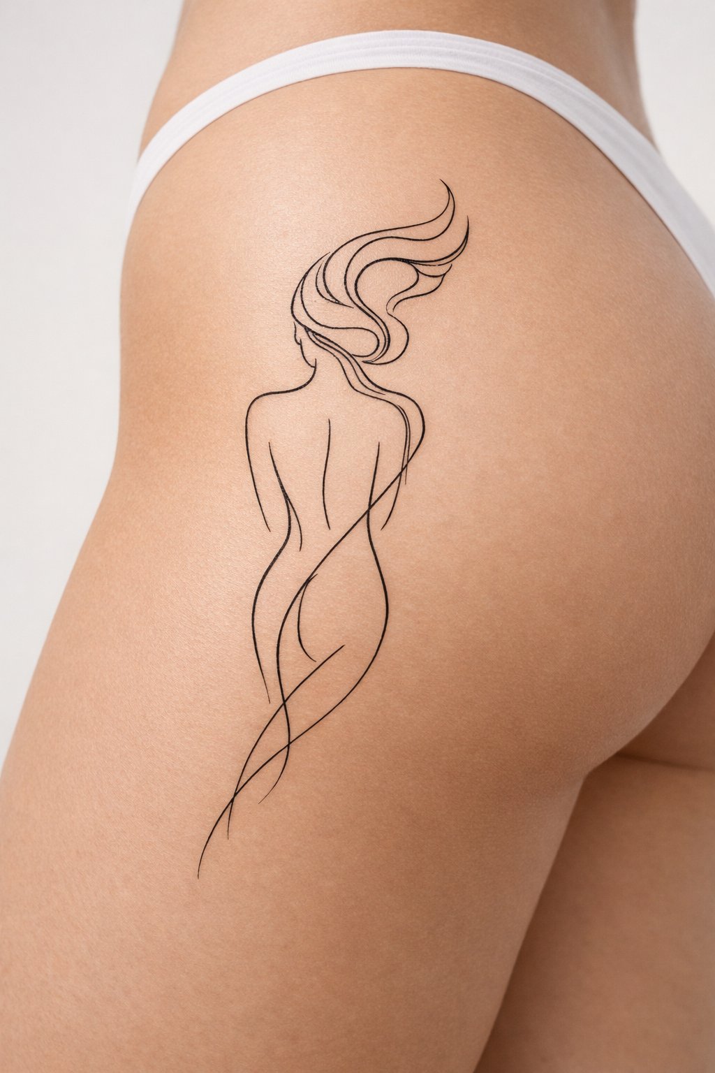 Side thigh placement: a single-line silhouette of a woman from the back, her hair swirling into an abstract shape. The design is placed to follow the thigh's contour. It should be drawn on the skin