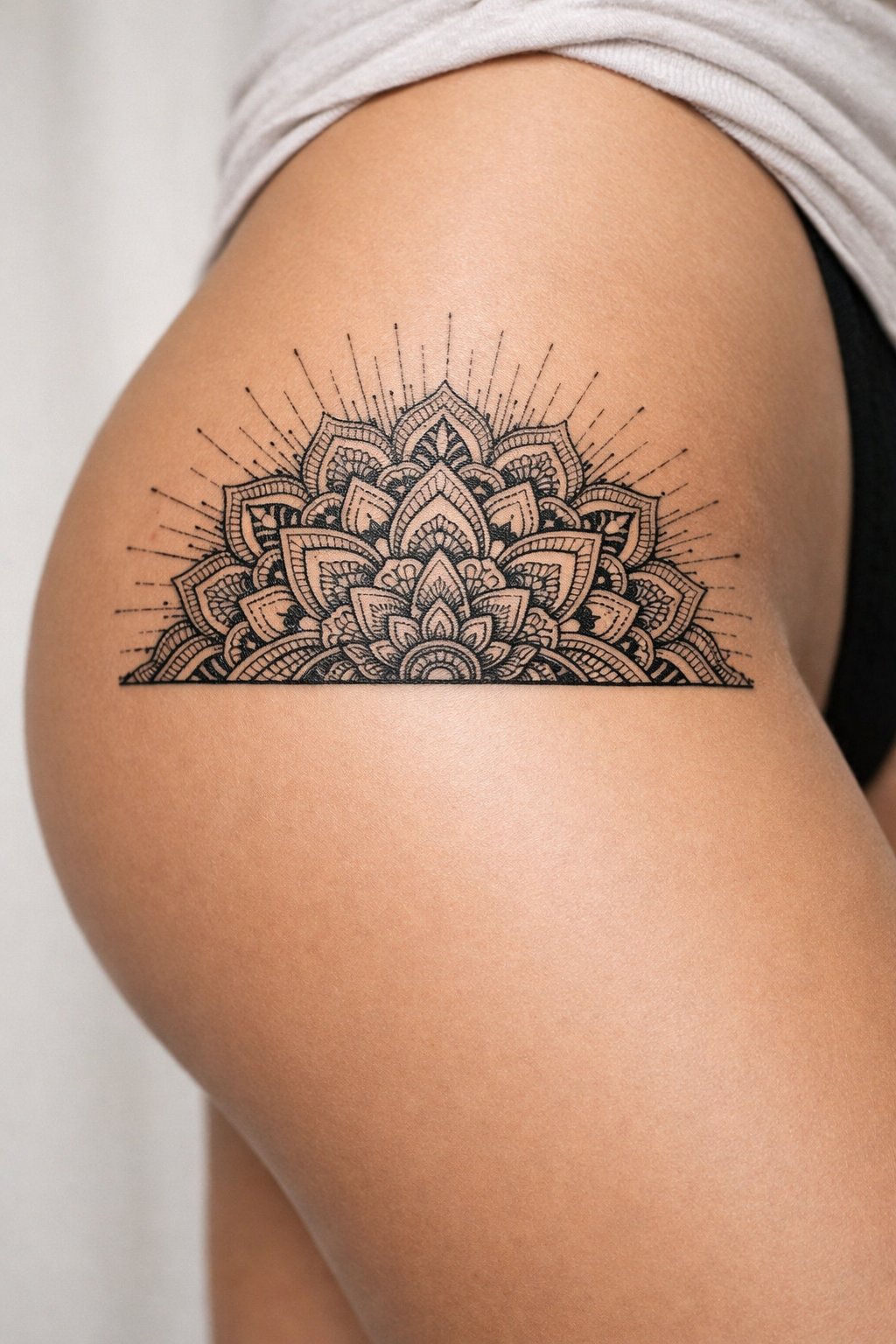 Side upper thigh: a half-circle mandala with intricate patterns, positioned so the flat edge aligns with the front of the thigh. Radiating fine lines and dotwork.