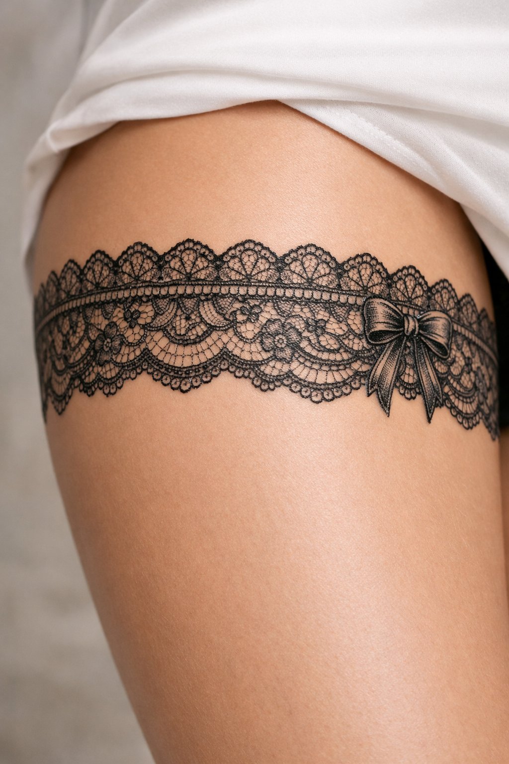 Upper side thigh view: a lace garter tattoo with intricate patterns, a small ribbon bow on the outer hip. Rendered in fine black lines to mimic real lace texture