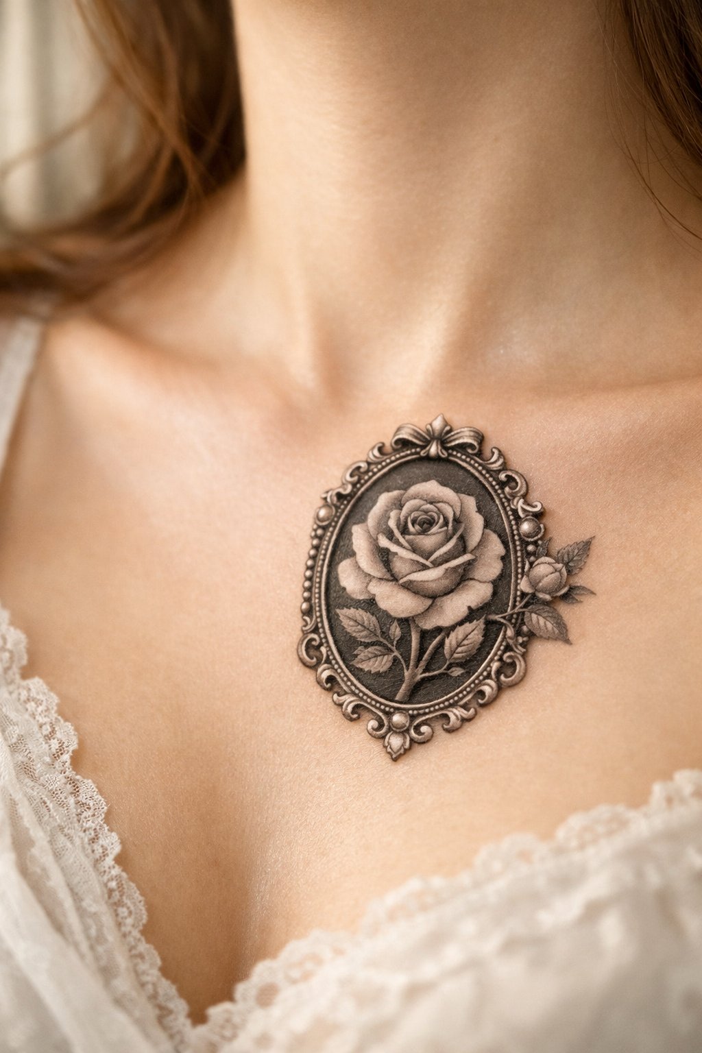 Close-up of a cameo style rose tattoo on a woman's chest, just above the collarbone, designed to look like carved ivory with a raised rose. Soft, romantic window light. Elegant and detailed.