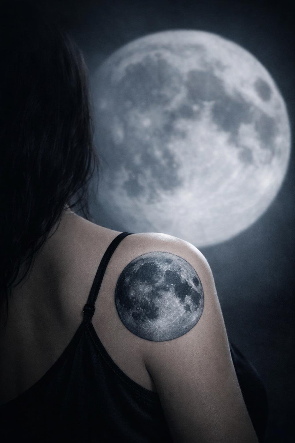 Macro shot of a bat with full moon tattoo on the shoulder. The bat is a dark silhouette against a large, shaded full moon in soft greys. She's wearing a thin-strapped black top. Soft, moonlight-inspired lighting, hauntingly beautiful and dramatic vibe.