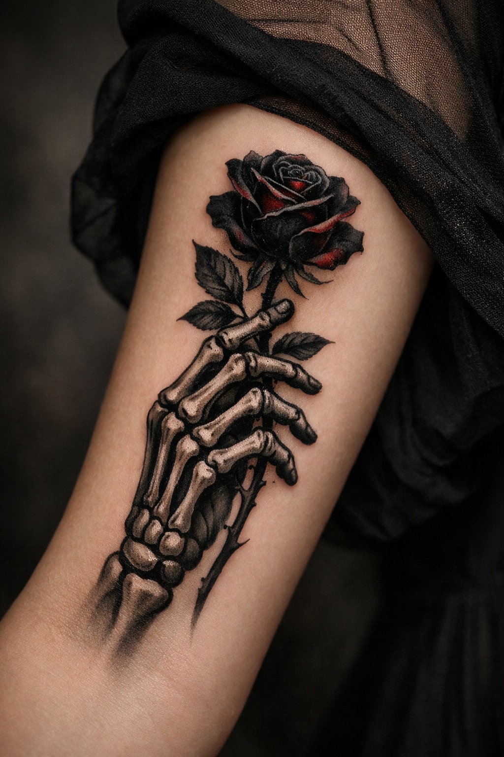 Close-up of a skeleton hand holding a flower tattoo on the inner arm. The hand is realistic bone in black and grey, gently holding a single black rose with deep red undertones. She's wearing a sheer black sleeve. Soft but dramatic lighting, hauntingly romantic vibe.
