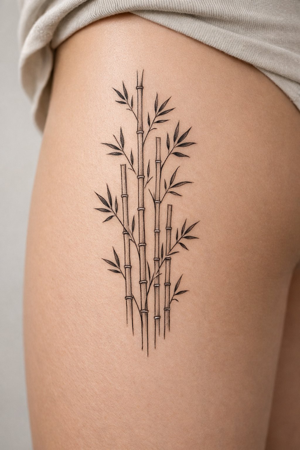Vertical composition on the outer thigh: several bamboo stalks of varying heights with simple, thin leaves. Rendered in crisp black lines with minimal shading, it should be drawn on the skin