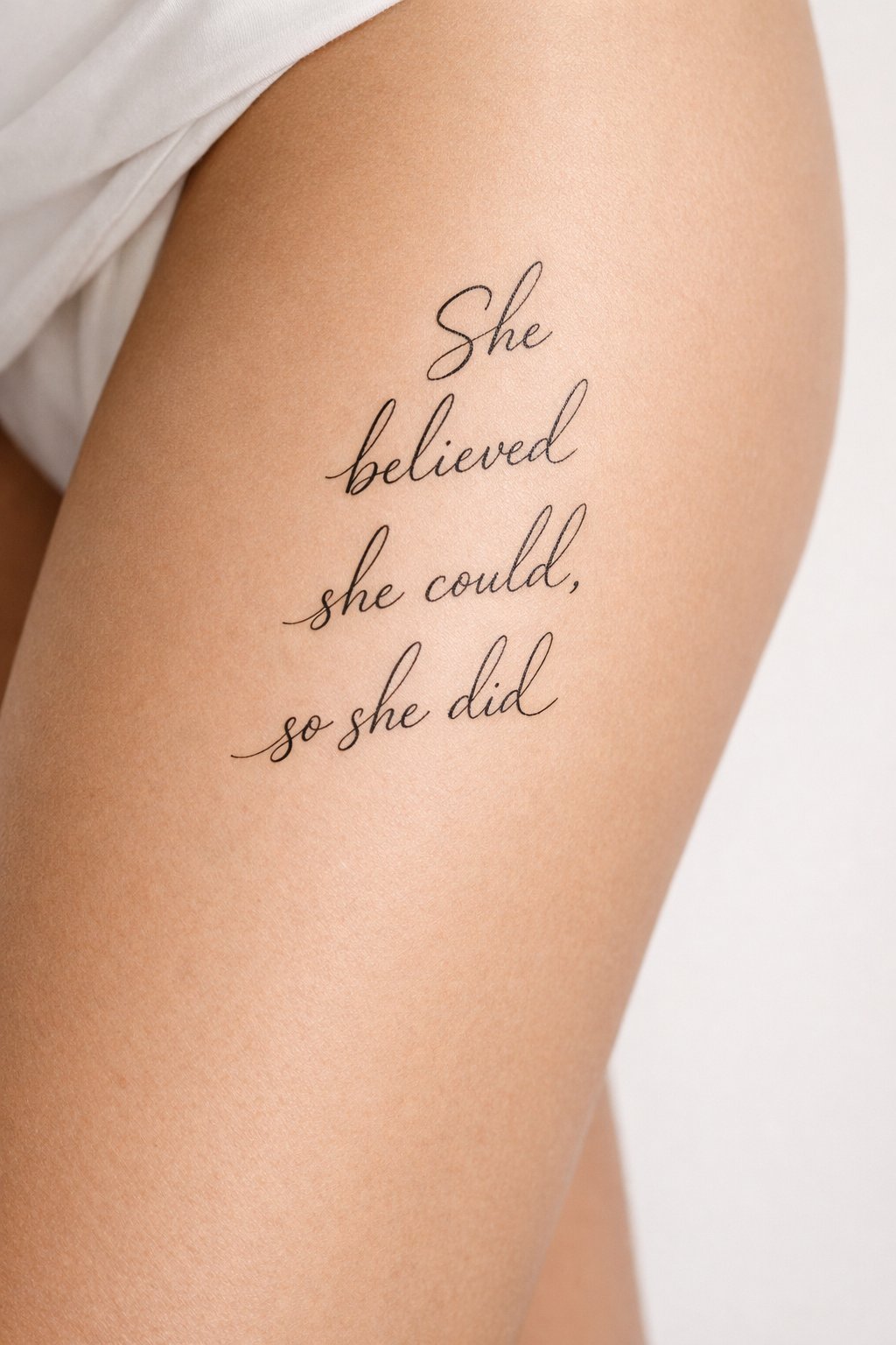 Vertical flow on the side thigh: a cursive quote curving gently down the leg. The script is thin and elegant, with ample negative space around the letters