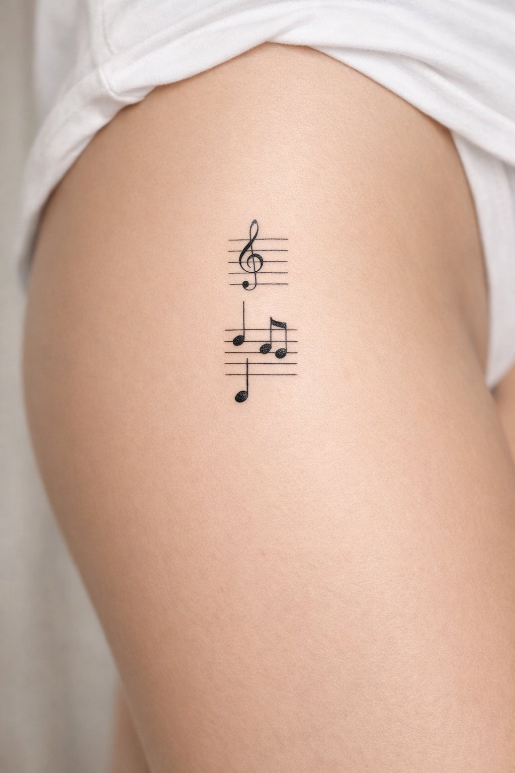 Vertical side thigh design: a short segment of a music staff with three or four delicate notes. Clean, thin lines, as if written on sheet music