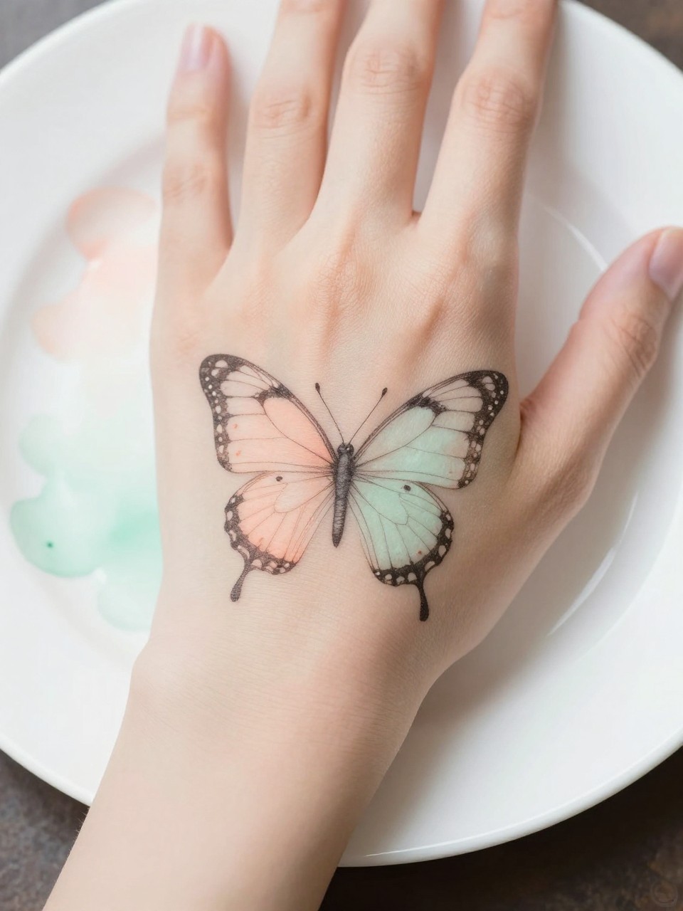 "Macro shot of a hand with a fine-line butterfly on its spine, surrounded by a soft peach and mint watercolor splash. The hand rests on a white ceramic plate. Focus on the contrast between crisp lines and soft color."