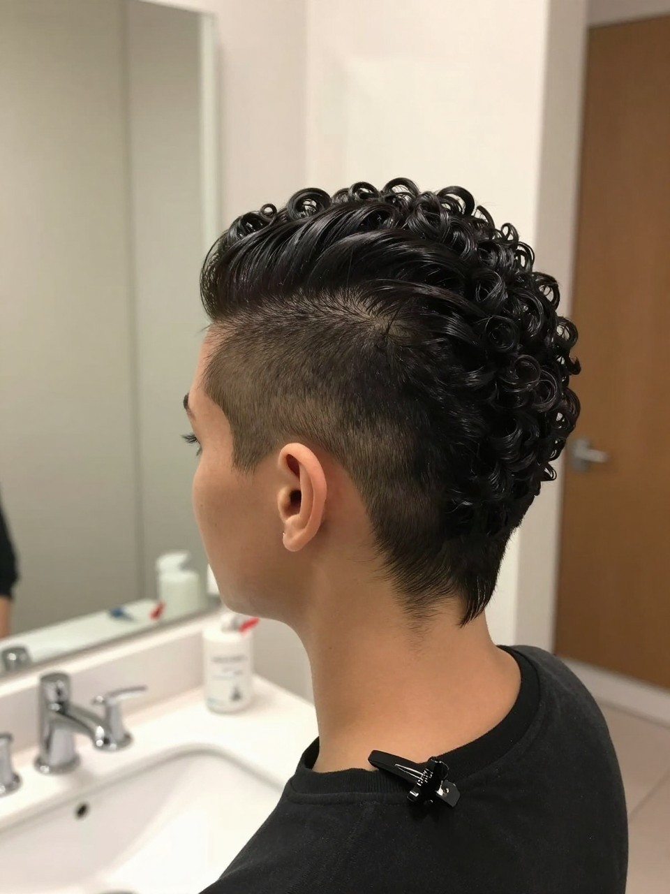 Photo of a woman wearing a sleek curly mohawk, back-of-head view showing the contrast between slicked sides and textured center, setting is a bathroom vanity mirror with soft indoor lighting, containing a hair clip clipped to her collar, iPhone photo quality.