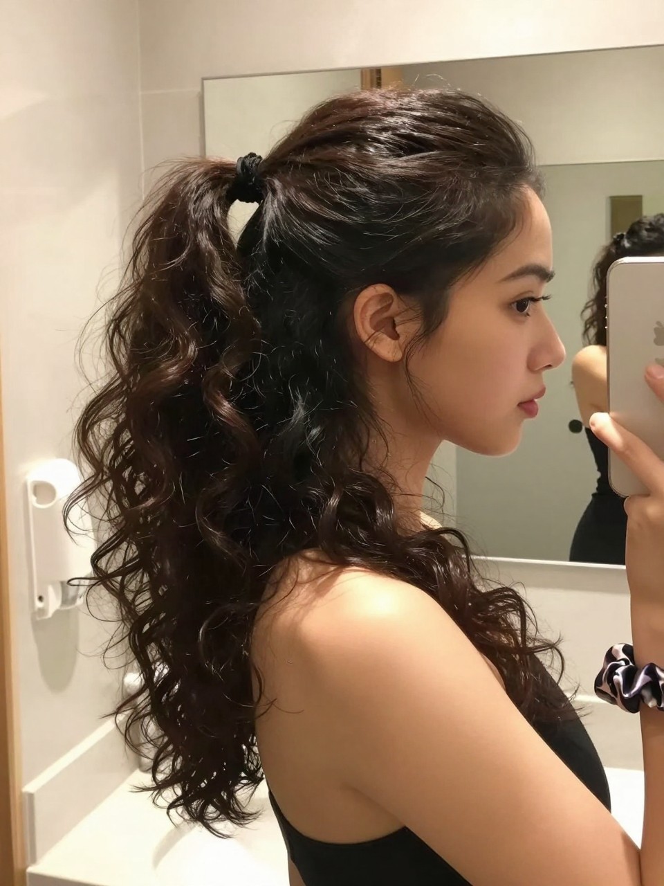 Photo of a woman wearing a classic high curly pony, side profile view showing the sleek top and cascading curls, setting is a bathroom vanity mirror with soft indoor lighting, containing a silk scrunchie on her wrist, iPhone photo quality.
