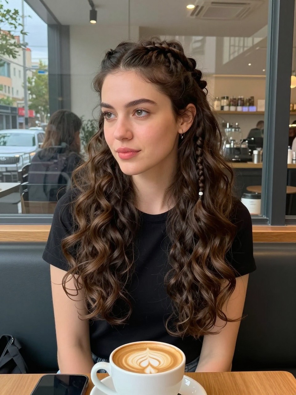Photo of a woman wearing a side-swept French braid with loose curls over her shoulder, front-facing view, setting is a coffee shop window, lighting is soft overcast daylight, containing a latte art cup on the table, iPhone photo quality.
