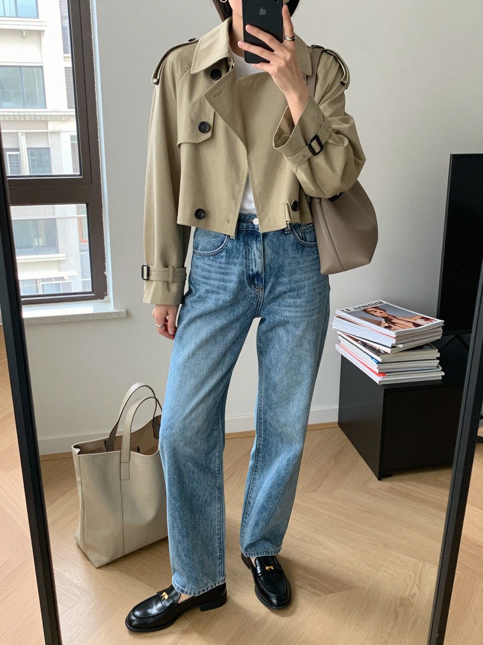 mirror selfie of a woman wearing the exact outfit described above, clearly showing a light khaki cropped trench jacket, relaxed medium-wash denim jeans, black leather loafers with two-tone detail, a taupe shoulder bag, and slim black-frame sunglasses, holding a phone in front of a mirror, cropped at NECK so the face does not show, with a relaxed casual selfie pose, in a stylish city apartment, natural window light, including a tote bag resting on the floor and stack of fashion magazines on a side table, latest iPhone photo quality. (no watermarks on images)
