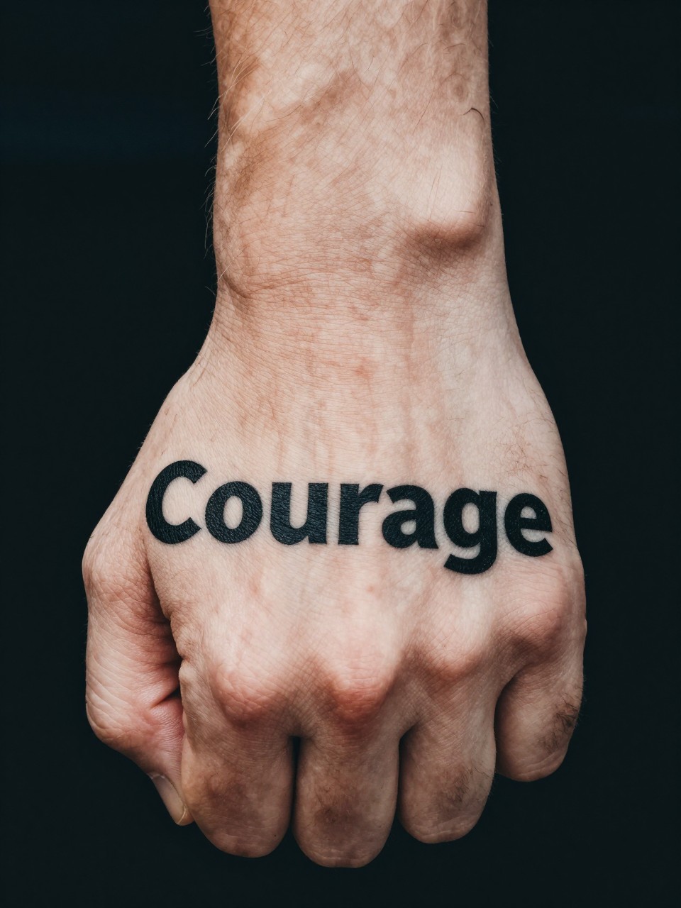 "Detailed view of 'Courage' in strong, solid block letters on the wrist. The hand is clenched in a determined, yet relaxed fist. Stark and resilient focus."