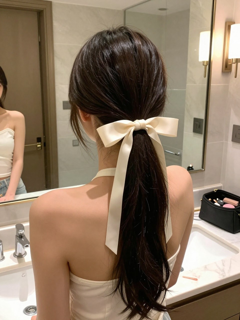 Photo of a woman wearing a sleek low ponytail with a ribbon tie on long hair, back-of-head view to show the bow, setting in a bathroom vanity mirror, lighting soft indoor lighting, containing a small lived-in detail such as a ribbon on the counter and a makeup bag nearby, latest iPhone photo quality.