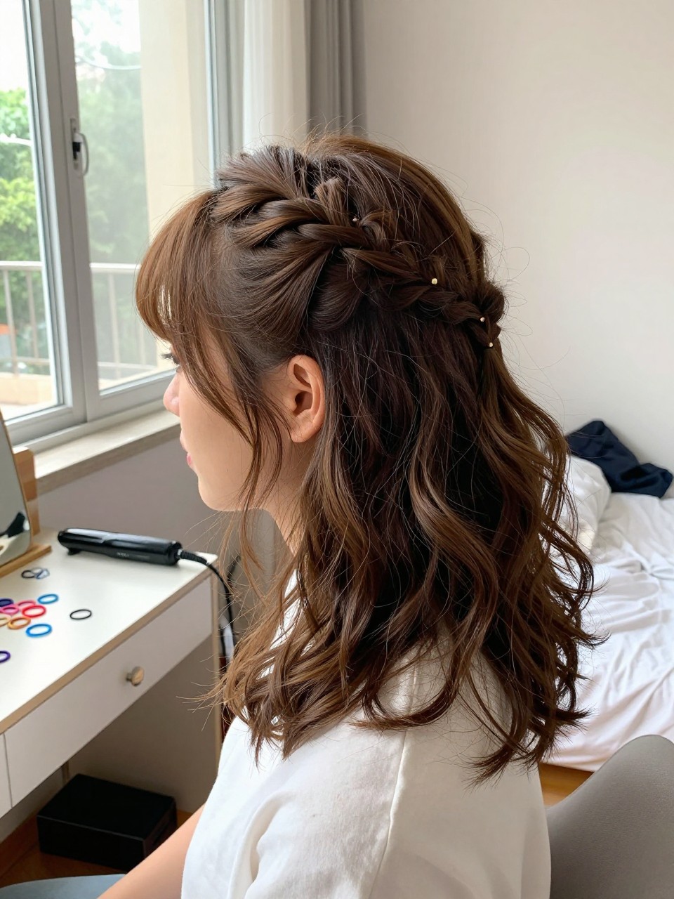 Photo of a woman wearing half up half down hair with two tiny side braids pinned back and soft waves down, side profile view, setting in a sun-drenched bedroom, lighting natural window light, containing a small lived-in detail such as mini elastics on the counter and a curling iron on the counter, latest iPhone photo quality.