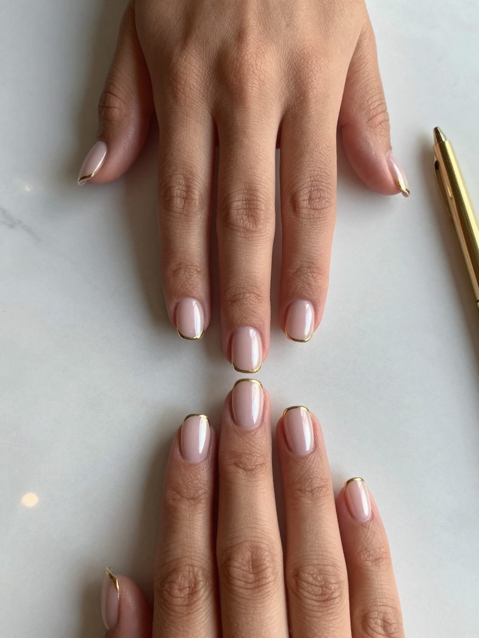 90-degree overhead top-down view of two feminine black hands with rounded square medium nails.
The manicure features a milky pink chrome base with thin gold outline tips along the edges.
Include metallic reflective shine with a glossy gel finish.

Hands are posed resting flat.

Scene set on a white marble surface with a gold pen nearby.

Bright natural daylight with soft shadows, hyper-realistic lifestyle photography, sharp focus on nails, natural skin texture, realistic hands, no extra fingers.