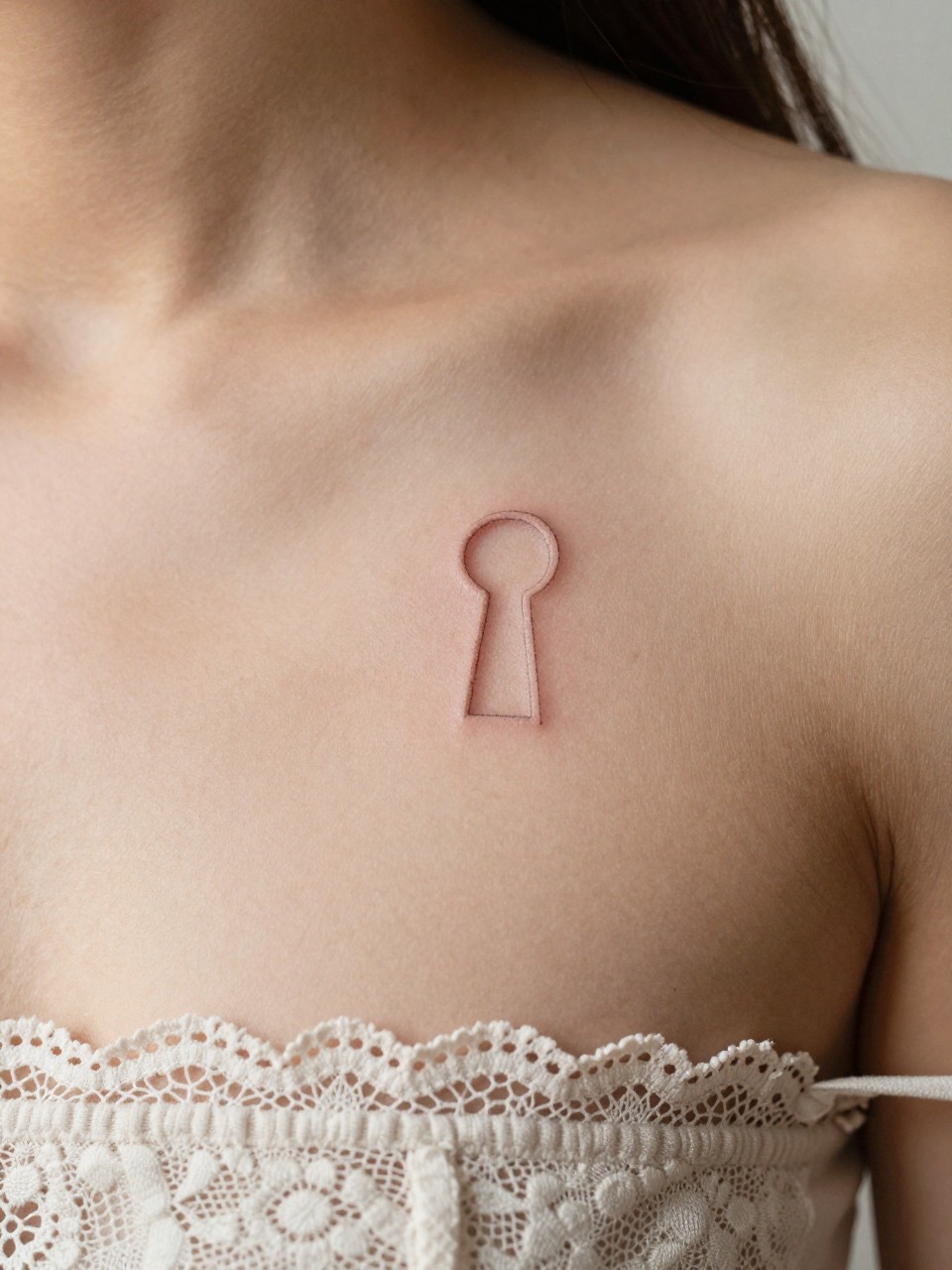 "Extreme macro close-up of a tiny keyhole outline tattoo on the sternum. The simple shape is crisp and clear against the skin. She is wearing a soft, delicate lace-trimmed top. The lighting is soft and romantic, focusing all attention on the design."