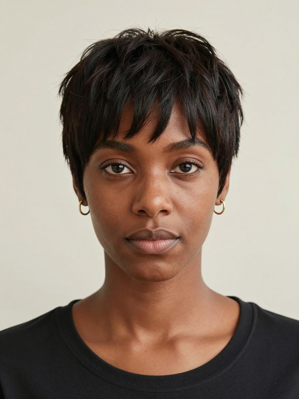 Photo of a black woman wearing an ultra short piecey French pixie with a soft short fringe and lightly textured top, with the haircut fully visible and clearly defined, shot from a front portrait view, in a soft neutral studio, with soft indoor lighting, showing the haircut shape, layers, ends, bangs, and texture clearly, including simple gold earrings, latest iPhone photo quality.