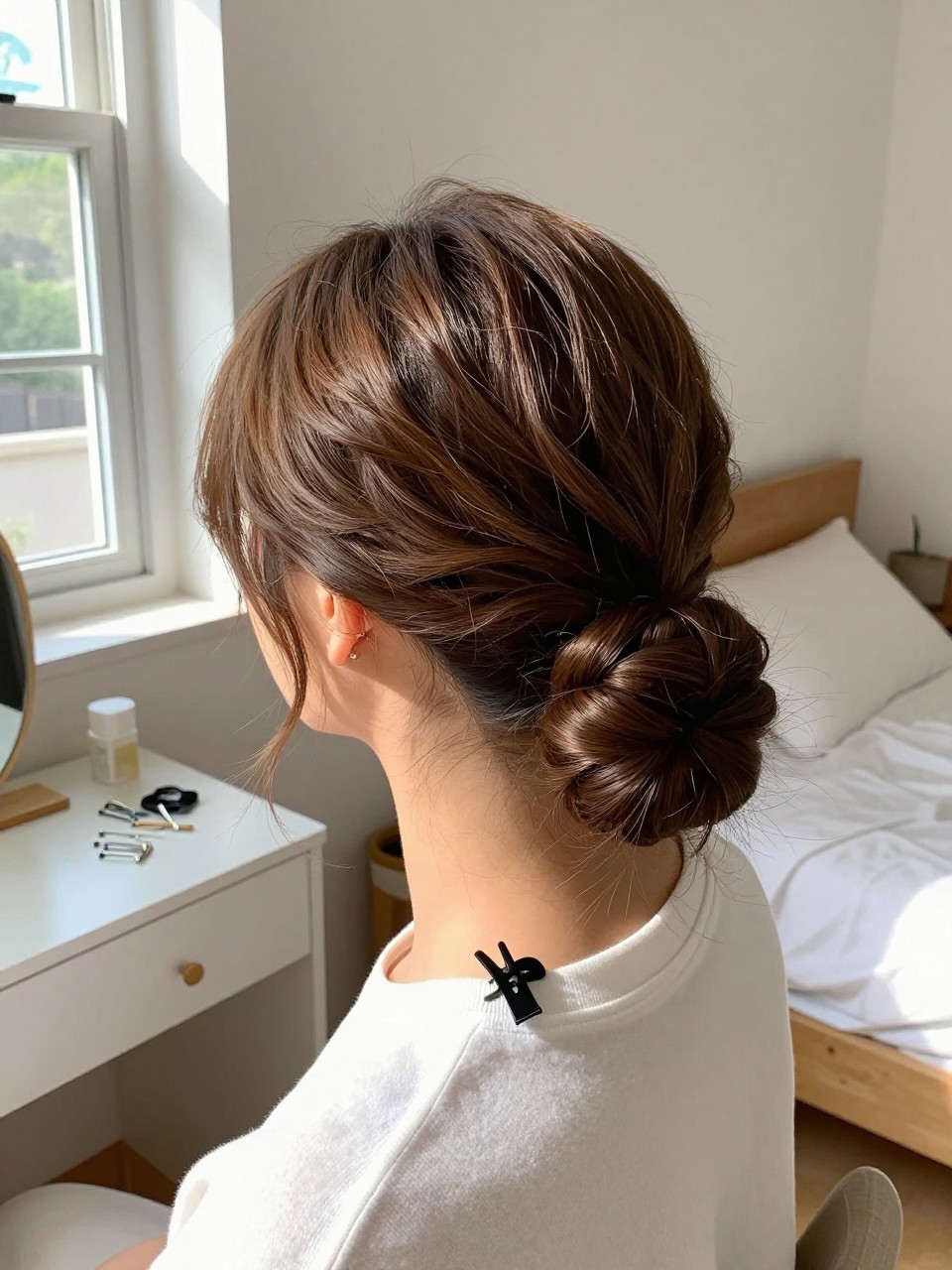 Photo of a woman wearing a low twisted bun with a side part, back-of-head view, setting in a sun-drenched bedroom, lighting natural window light, containing a small lived-in detail such as bobby pins on the vanity and a hair clip clipped to the collar, latest iPhone photo quality.