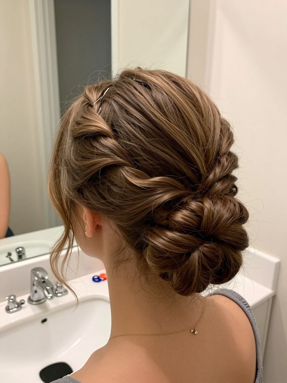 Photo of a woman wearing an elegant braided updo with soft texture, back-of-head view, setting in a bathroom vanity mirror, lighting soft indoor lighting, containing a small lived-in detail such as bobby pins on the counter and mini elastics nearby, latest iPhone photo quality.